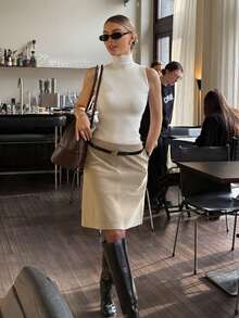 VIBEWAVE European & American Style Ribbed Knit Sleeveless Crop Top, Fitted Camisole For Summer - Beige - View 6