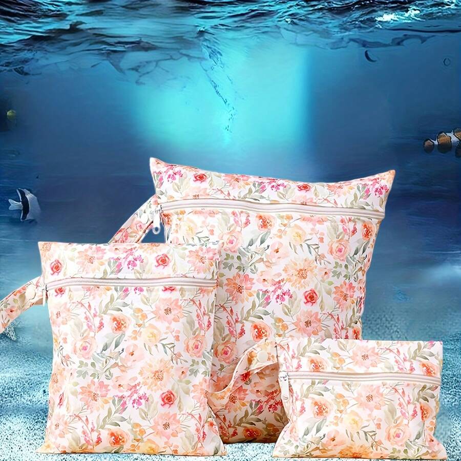 3pcs Wavy Print Waterproof Wet & Dry Separation Bags, Multi-Size Roll-Top Handbag With Zipper & Wrist Strap, Reusable Polyester Beach Storage Bag, Lightweight Waterproof Bag For Swimwear, Fitness Clothes, Baby Diapers, Beach Items, Quick Dry And Leak-Proof, Suitable For Kayaking, Boating, Swimming, Beach And Daily Use, Beach Essentials, Pool Float - Multicolor - View 1