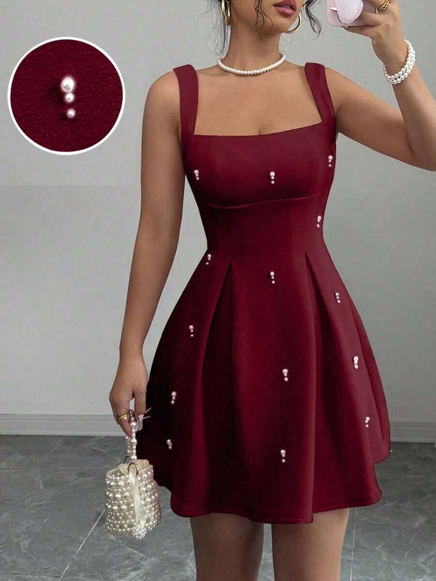 Vestido casual de mujer con parches de unicolor, tirantes anchos y cuentas - Burdeos - Ver 1