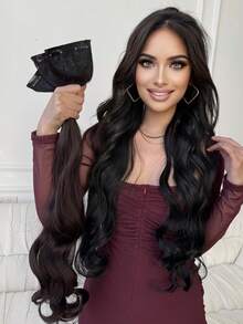 3 Pieces Set 24-Inch Long Wavy Clip-In Hair Extensions, High-Temperature Resistant Synthetic Hair, Easy To Wear, Suitable For Women - Black Brown - View 2