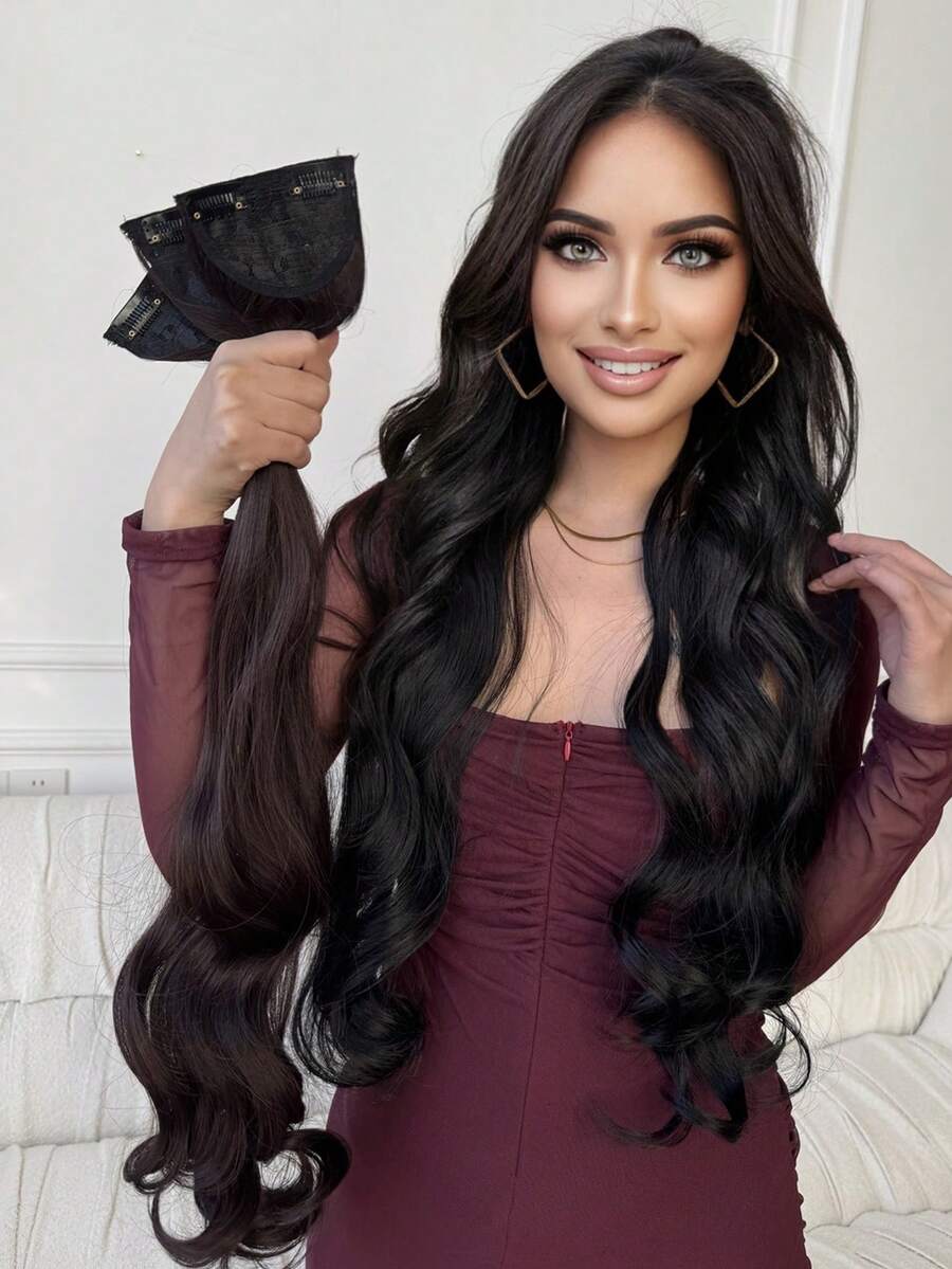3 Pieces Set 24-Inch Long Wavy Clip-In Hair Extensions, High-Temperature Resistant Synthetic Hair, Easy To Wear, Suitable For Women