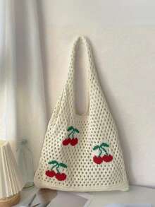 Yogodlns Nuevo bolso de verano con diseño de cereza hueco y correa, bolso de playa minimalista de moda hecho a mano a ganchillo, bolso de mano de cereza de punto, bolso de hombro, bolso de playa para mujeres - Multicolor - Ver 12