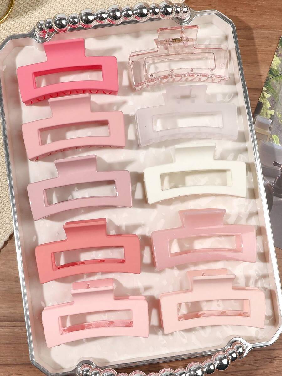 10个粉色方形镂空透明果冻哑光发爪夹,韩式可爱甜美田园风,适合休闲、工作、旅行、野餐等夏季发饰,沙滩发夹 - 彩色 - 查看 1