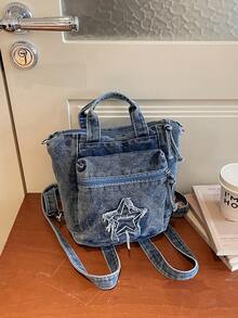 Geantă nouă, casual și elegantă, din denim, cu stele Y2K - un accesoriu de modă versatil care poate fi purtat ca rucsac, geantă tote, geantă de umăr sau geantă crossbody, perfectă pentru serviciu, naveta, vacanțe, călătorii și școală. - Albastru - Vizualizare 8
