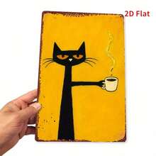 Gato Preto Vintage com Xícara de Café - Decoração de Parede em Madeira com Efeito Metal Envelhecido, 15x20cm, Gato Preto Segurando Xícara de Café, Decoração para Ambientes Internos e Externos, Ideal para Casa, Jardim, Escritório e Garagem - Design Plano 2D Durável, Decoração Suspensa em Estilo Fazenda Vintage com Detalhes em Grãos de Café. - Vários estilos - Ver 5