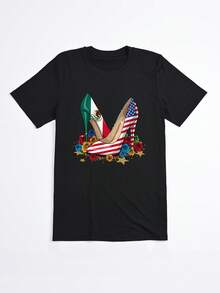 Camiseta negra con estampado de zapatos con banderas de México y Estados Unidos para mujer estilo casual - Negro - Ver 2