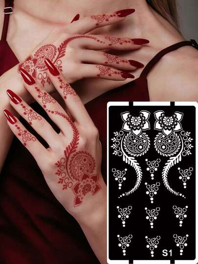 Hana Hand-Drawn Hollow Floral Tattoo Stencil - Sexy Floral Pattern, Suitable For Hands, DIY Painting, Ink, Reusable Mandala Design Template Stickers, Suitable For Women Body Party Makeup