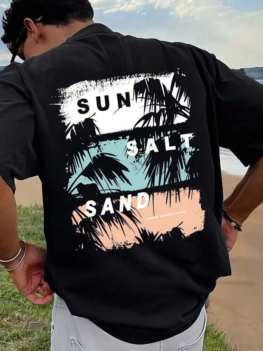 Camiseta con estampado gráfico para mujer FASHIOGIRL, ropa de playa de verano, camiseta de manga corta de corte holgado - Negro - Ver 1