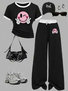 Teen Girl Round Neck Contrast Trim Smiling Face Print Short Sleeve T-Shirt And Pants Casual Daily Outfit - Black - View 1