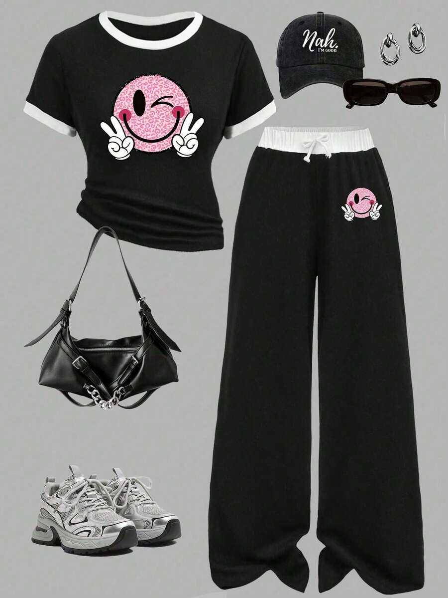 Teen Girl Round Neck Contrast Trim Smiling Face Print Short Sleeve T-Shirt And Pants Casual Daily Outfit - Black - View 1