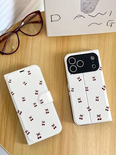 1pc Fashion Minimalist Cherry Bow Design Full Coverage Classic Anti-Drop High-Quality PU Leather Flip Phone Case, Foldable Card Holder, Full-Body Protective Phone Cover, Suitable As Birthday/Holiday Gift For Friends, Family, Couples, Fits IPhone17/IPhone17 Air/IPhone17pro/IPhone17pro Max/IPhone16/IPhone16 Plus/IPhone16pro/IPhone16pro Max/IPhone15/IPhone15 Plus/IPhone15pro/13/14/12/11