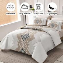 Khaki Brown Boho Reversible Bedspread Set Queen Size (90"X96").3 Pieces Geometric Print Coverlet With 2 Pillowcases, Soft & Lightweight Textured Microfiber Bedding For All Seasons Perfect Mother's Day Gift & Wedding Home Decor. - Khaki - View 12
