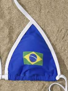 Ensemble de bikini à col ras-du-cou avec imprimé drapeau du Brésil, maillot de bain deux pièces style brésilien à nouer, bikini triangle, maillot de bain à séchage rapide pour vacances, plage et été - Bleu azur - Voir 4