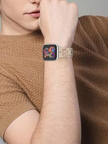 1件雕刻書本圖案錶帶，兼容 40mm、41mm、42mm、44mm、45mm、46mm 和 49mm 尺寸。休閒/運動風，柔軟舒適的雕刻矽膠錶帶，適用於 SE 11 10 9 8 7 5 4 3 Ultra 系列。這款校園風智慧手錶錶帶適合男女使用。 - 書籍圖A奶茶配棕 - 查看 7
