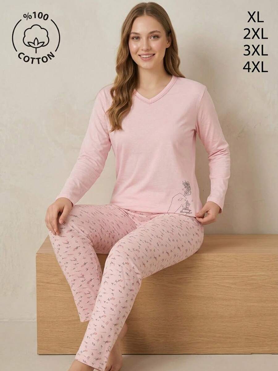 Plus Size V-Neck Floral Print Long Sleeve Top And All-Over Print Pants Pajama Set - Pink - View 1