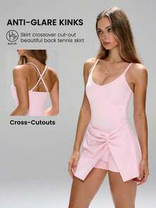 FWH Vestido-pantalón corto con sujetador desmontable y cintura ceñida, versátil para yoga y uso diario, diseño anti-destello, detalle de giro frontal femenino, sexy con dignidad, detalle de cintura cruzada y vestido-pantalón corto hasta la cadera, cobertura total, yoga/pilates sin restricciones, # Gimnasio a fiesta de jardín # Ropa deportiva para mujer # Sexy con dignidad # Vestido de activewear con giro frontal # Vestido-pantalón corto de activewear # Esencial para una cita nocturna # Caderas favorecedoras # Vestido de activewear elegante - Rosa - Ver 2