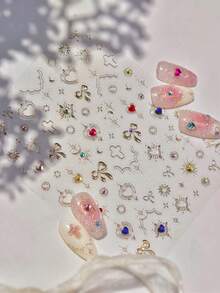 1个5D水钻奢华金色蝴蝶结美甲贴纸，金箔可爱爱心蝴蝶结美甲装饰贴花配件DIY - 彩色 - 查看 5