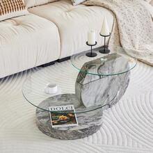 Modern Minimalist Coffee Table Made Of Safety Glass, Two-Tiered, Round Marble-Effect Top, MDF Base, Grey Marble-Effect Stickers. Various Colors Available. - 灰色的 - 查看 6