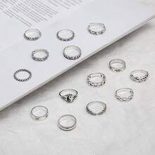 Bộ 16 chiếc nhẫn bản lề rỗng hình học cổ điển dành cho nữ, với các họa tiết Âm Dương, Mặt Trời, Mặt Trăng, Rắn, Lá và Hoa, thích hợp để trang trí hàng ngày, phối đồ, hẹn hò, dự tiệc, làm quà tặng ngày lễ. - Bạc - Xem 4