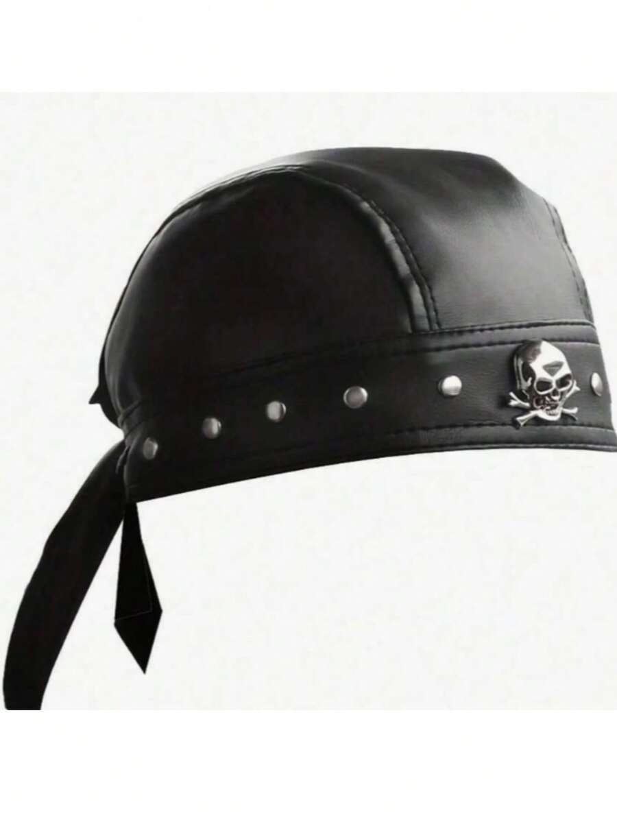Adjustable Pirate Skull Bandana For Men, PU Leather Motorcycle Cycling Cap, Punk Rock Hip Hop Headwear, Black Biker Riding Headwrap - 黑色 - 查看 1