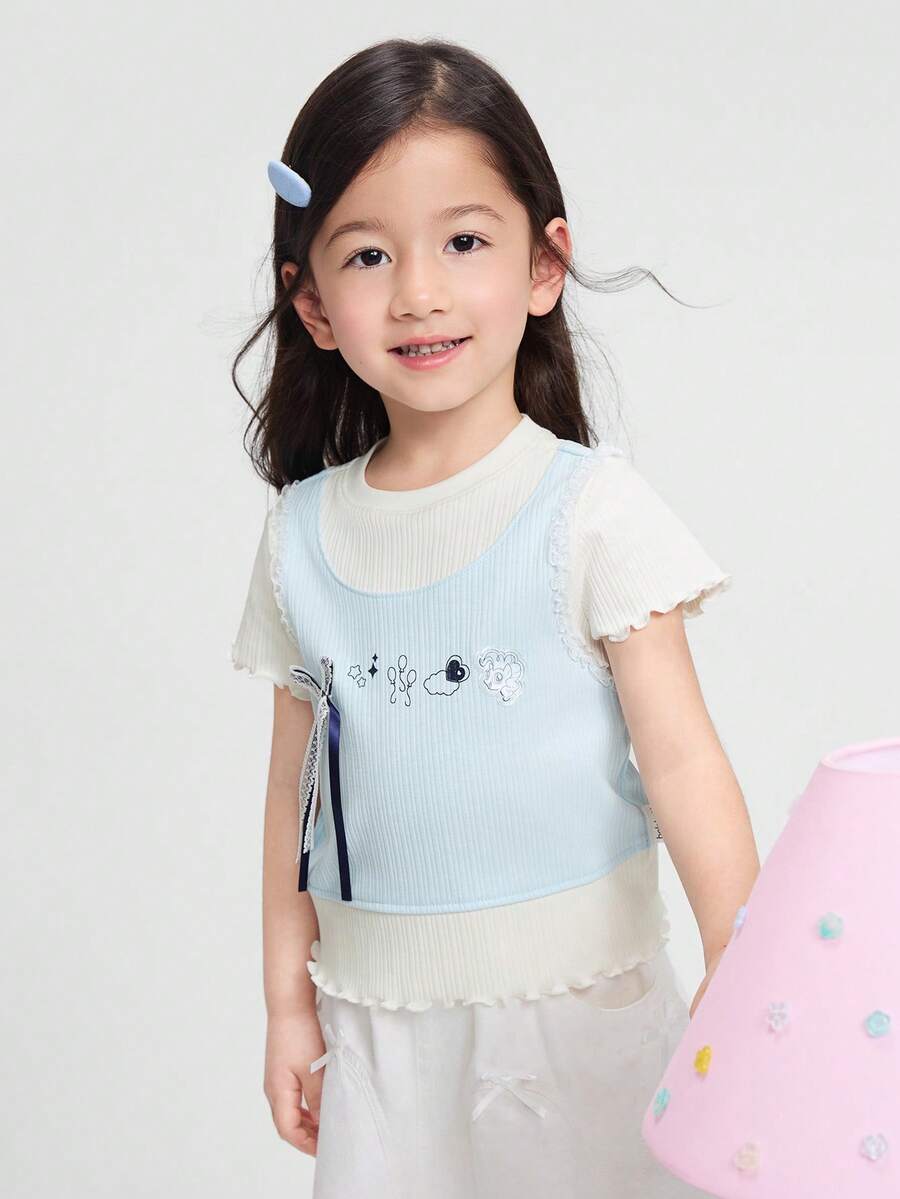Balabala 2026 Summer Young Girl Short Sleeve T-Shirt With Cute My Little Pony Cartoon Pattern, Casual Comfortable Daily Wear - Ice Blue - View 1
