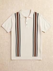 男士复古风翻领短袖条纹修身针织 Polo 衫（米色、黑色、棕色） - 杏色 - 查看 3