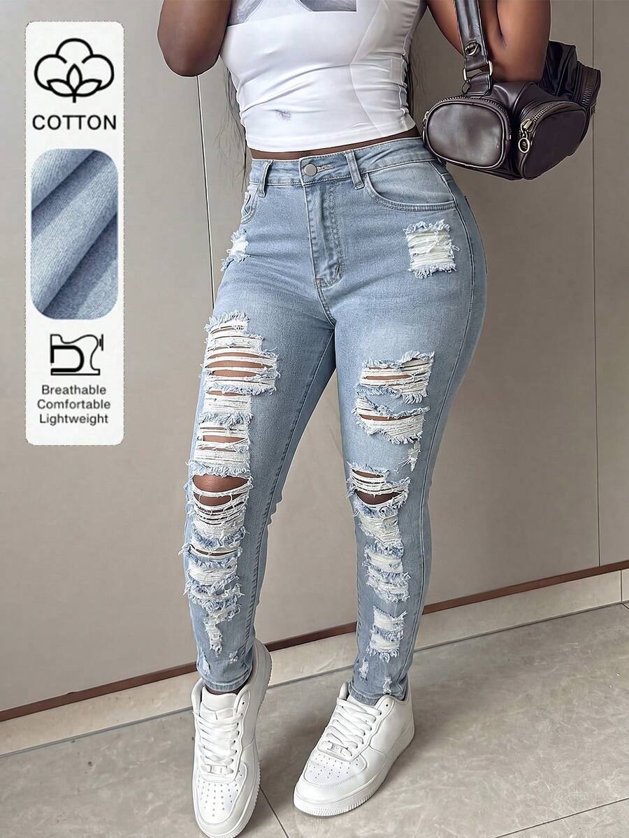 Women's Casual Ripped Skinny Sexy Stretch Denim Jeans, Long Button Design, Medium Stretch - Light Wash - View 1