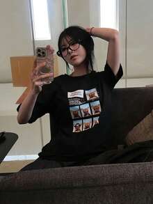 A Round Neck Short Sleeve T-Shirt With A Stylish White Lettering Print, A Loose Top That Goes Well With Summer Fashion - Black - View 3