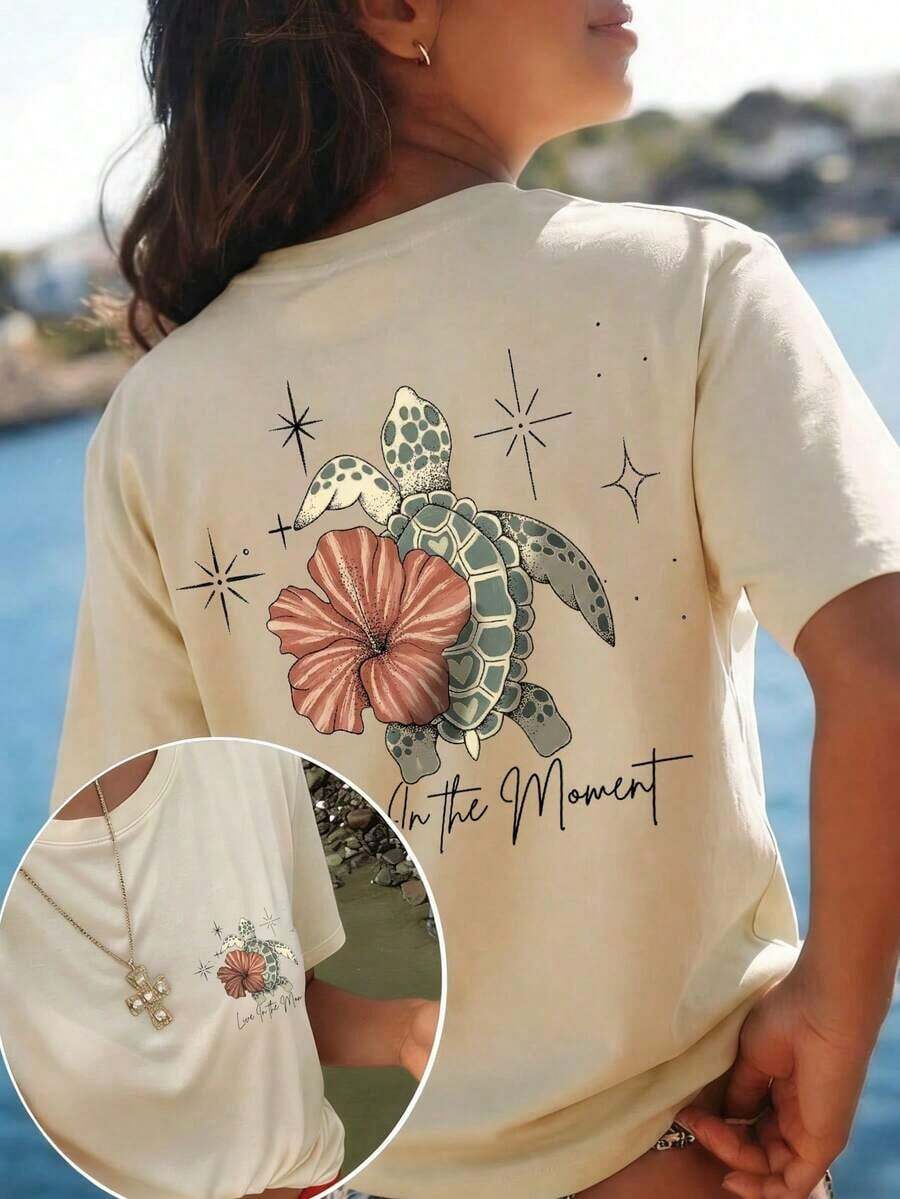 Camiseta de Verano para Mujer con Estampado de Tortugas, Flores y Letras, Estilo Casual, Holgada, Cuello Redondo, para Vacaciones en la Playa - Estilo Vintage Urbano, Unisex, de Algodón, Manga Corta, Cuello Redondo, blusas para mujer, playeras de mujer, blusas casuales para dama. - Albaricoque - Ver 1