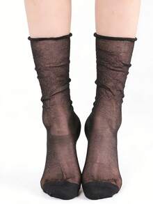 1双黑色亮片金属银色透明短袜，高弹透气，闪亮派对夜店风，约会之夜必备单品 - 彩色 - 查看 14