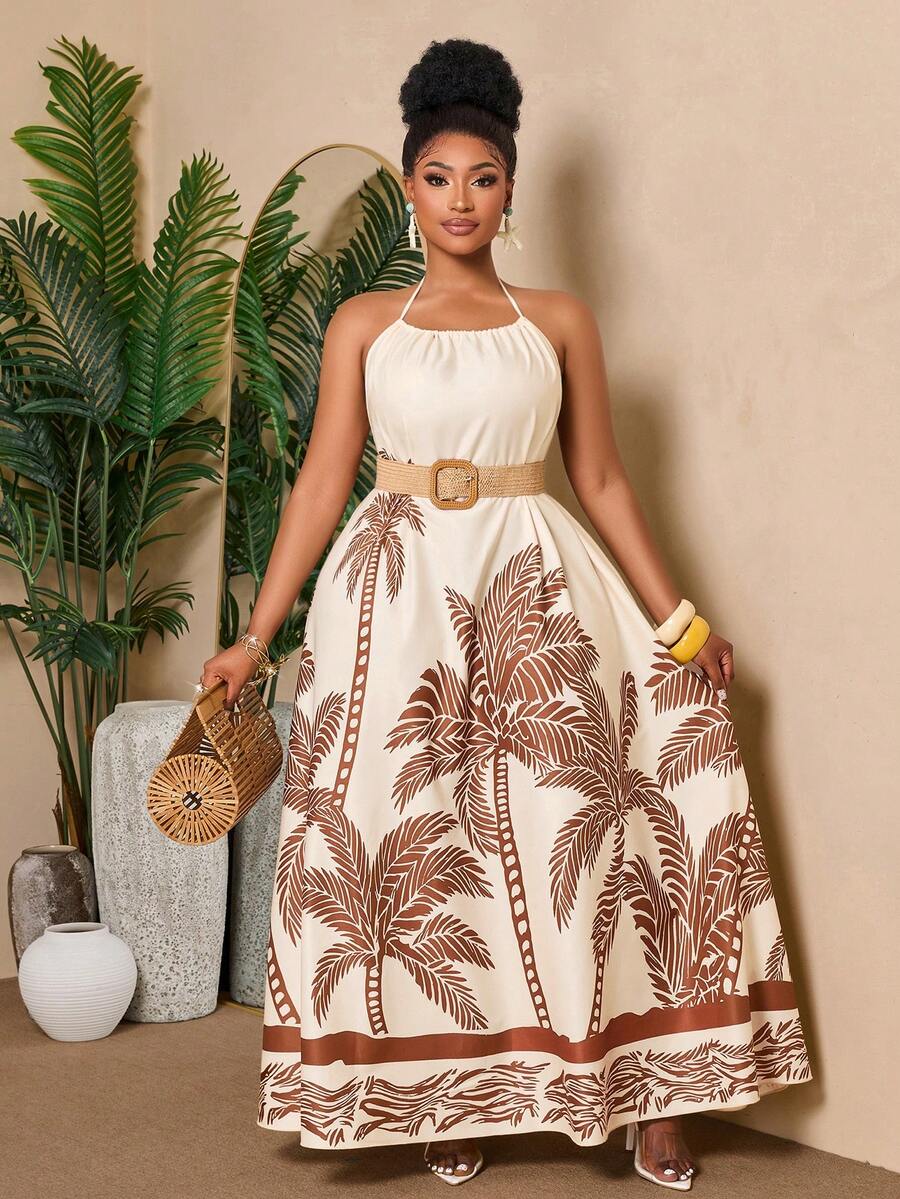 BIUBIU Vestido largo con estampado de palmeras, diseño con tirantes finos y sin mangas, cintura con cordón, para fiesta, talla grande - Base de albaricoque con flores de palma - Ver 1