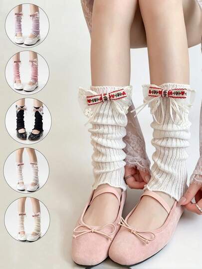 1 đôi tất giữ ấm chân nữ nhiều màu sắc, chất liệu dệt kim nhẹ, màu trơn, ôm sát chân, có nơ bóng, bèo nhún, hình trái tim, phù hợp cho vũ công ba lê, mọi mùa, xuân/hè.