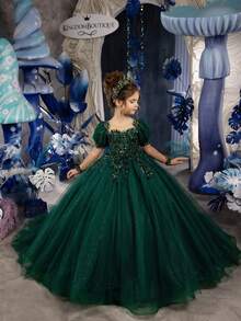 Elegant Sweetie Lace Puff Long Sleeves Wedding Flower Girl Dress Princess Pageant Ball Gown Dress,Tween Girls Tulle Princess Dress ,Fluffy Tulle Party Dress–Birthday,Wedding Or Photoshoot Outfit,Dance Performance Dress,Flower Girl's Evening Dress, Piano Performance Dress,Perfect For Shows,Birthday Parties,Vacations - 白色 - 查看 2
