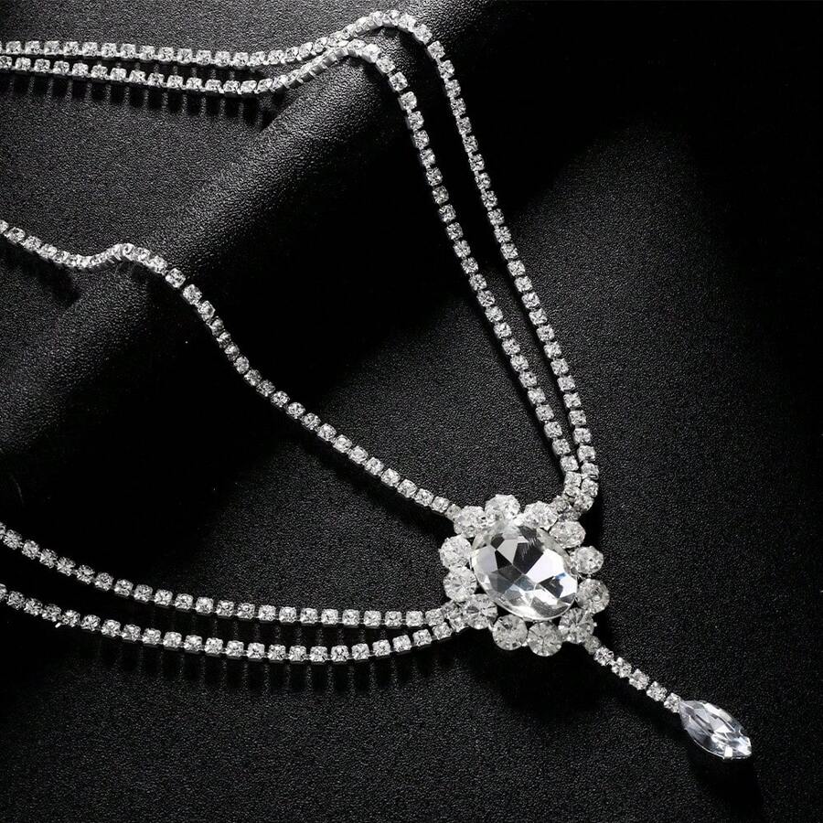 Diadema con cadena de frente de gota de agua con múltiples capas de cristal rhinestone, joyería para el cabello de mujer, cadenas de cabello huecas de cristal, accesorio para la cabeza, viaje, fiesta - Plata de ojo de caballo de forma ovalada - Ver 1