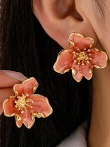 1 Pair European And American Fashion 3D Alloy Vintage Colorful Enamel Orange Flower Stud Earrings - Orange - View 2