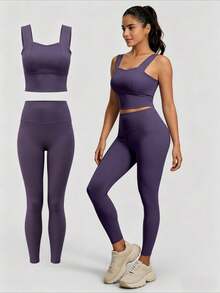 Conjunto básico de yoga New Peach, conjunto de ejercicios de intensidad media, a prueba de golpes y con buen soporte, conjunto de dos piezas para correr en interiores y hacer ejercicio. - Morado - Ver 1