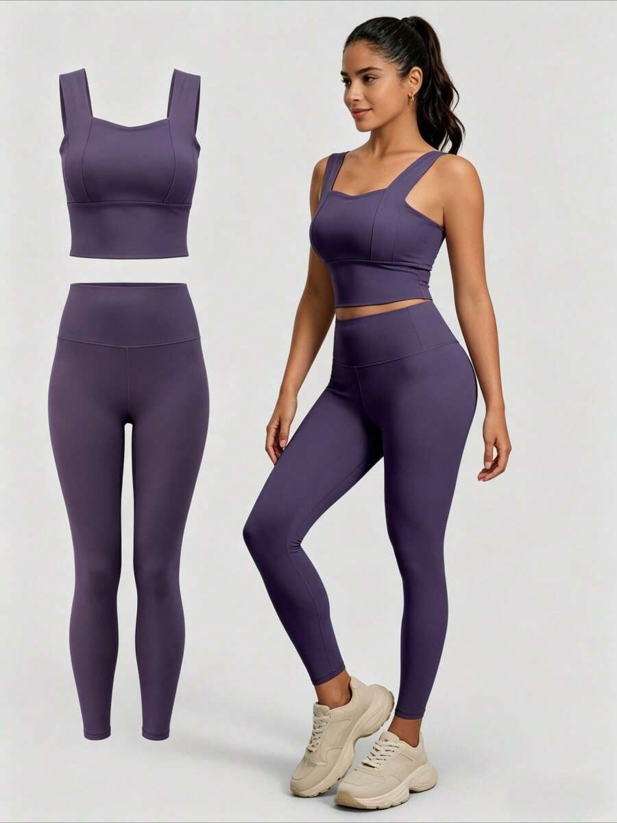 Conjunto básico de yoga New Peach, conjunto de ejercicios de intensidad media, a prueba de golpes y con buen soporte, conjunto de dos piezas para correr en interiores y hacer ejercicio. - Morado - Ver 1