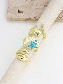 Bộ 3 nhẫn hình sao biển và vỏ sò phong cách nghỉ dưỡng, nhẫn hình sao biển màu xanh nhiều họa tiết dành cho nữ. - Vàng - Xem 3