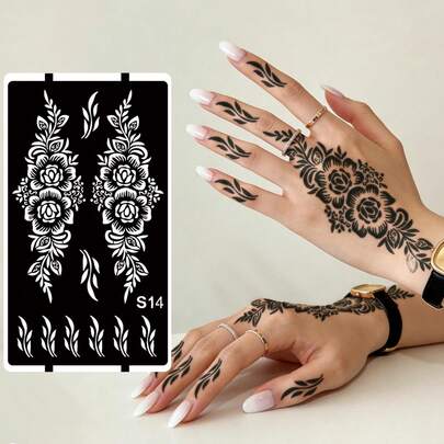 Hana Hand-Drawn Hollow Floral Tattoo Stencil - Sexy Floral Pattern, Suitable For Hands, DIY Painting, Ink, Reusable Mandala Design Template Stickers, Suitable For Women Body Party Makeup