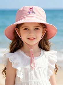 1pc Kids Heart Letter Pattern Sun Hat, Baby Casual Style With Adjustable Rope Bucket Hat, Suitable For Daily Outings And Beach - Baby Pink - View 2