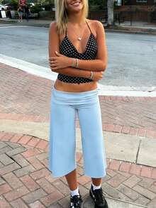 Women Fold Over Lounge Capris Casual Loose Fit Wide Leg Low Rise Cropped Flowy Gaucho Pants Comfy Yoga Coluttes Pajama Bottom - Màu xanh lam - Xem 3