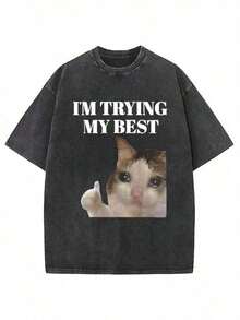 1pcsCute Cat Funny Graphic Graphic T-ShirtMen's Cotton T-Shirt, 230G Washed Short-Sleeve Suitable For Halloween, Christmas And Spring Festival Gifts - 黑色 16 - 查看 13