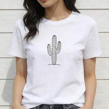 Playera de Mujer Transpirable y Cómoda - Cactus Estilo Lineal Minimalista, Estilo Mexicano Casual para Uso Diario - Blanco - Ver 10