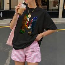 Camiseta Negra con Águila Mexicana y Americana para Mujer Estilo Casual Verano - Negro - Ver 3