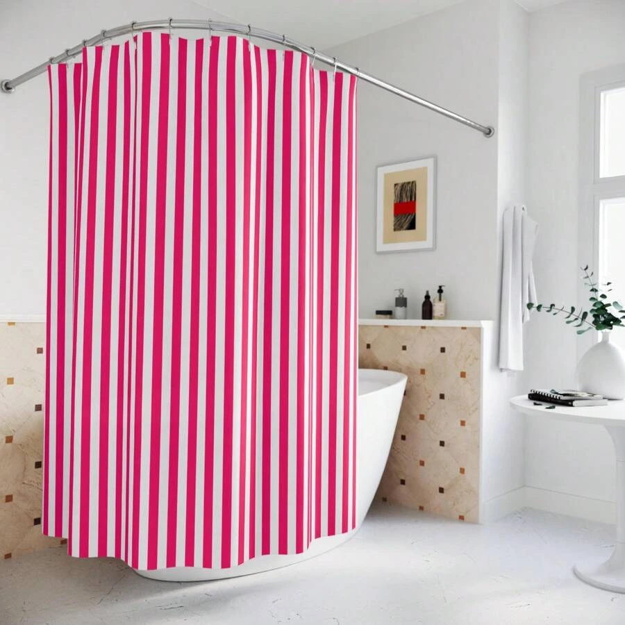1PC Shower Curtain - Dark Raspberry Pink And White Stripes Pattern - D - Xem 1