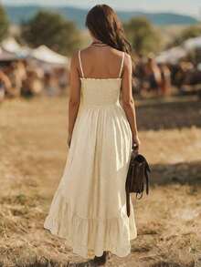 Vestido de mujer de longitud media con cintura ceñida, estilo bohemio casual de vacaciones, parte delantera corta y parte trasera larga - Verde militar - Ver 9