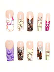 24pcs Y2K Colorful Flower, Stripe, Star, Grid, Line Glossy Nail Art Stickers, Elegant & Design, Suitable For Dates, Parties, Spring/Summer, Autumn/Winter Daily Wear, Removable Press-On Nails Set With Jelly Gel And File Included, Random Jelly Gel Color - Multicolor - View 2
