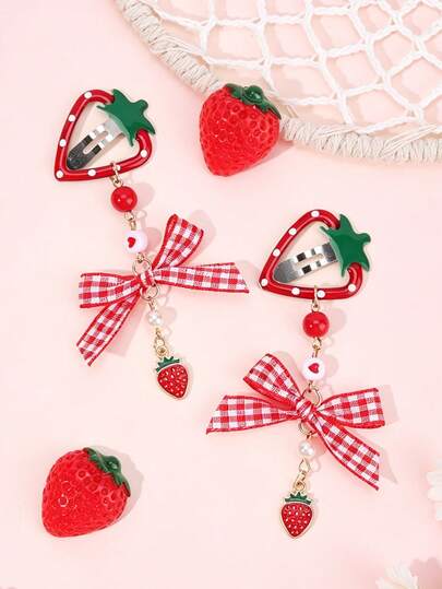 2pcs Y2K Style Red Metal Strawberry Hair Clips, Fabric Bow Barrettes, Girls' Holiday Accessories, Sweet Hair Clips, Girls' Spring/Summer Travel & Party Gift