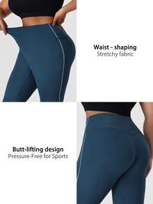 NcmRyu 1pc Women Plus Size Contrast Color Stripe Elastic Waist Skinny Sports Pants - Navy Blue - View 3