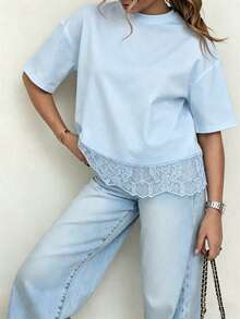 Spring New Solid Color Knit Fabric Lace Patchwork Short Sleeve T-Shirt, Casual, Sports, Office Wear For Spring/Summer - Clear Blue - View 13